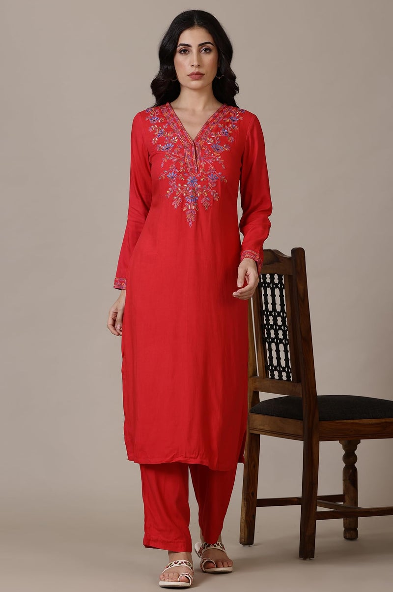Aurelia Red Solid Acrylic Straight Kurta & Palazzo for Women (Size: M)-24NOAS15385-607621 - Image 2