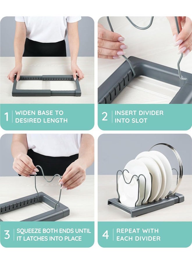 Expandable Pot and Pan Organizer Rack for Cabinet, Pot Lid Organizer Holder with 7 Adjustable Compartments, Cutting Board, Cookware, Bakeware  Frying Rack Organizer for Cabinet (Gray)