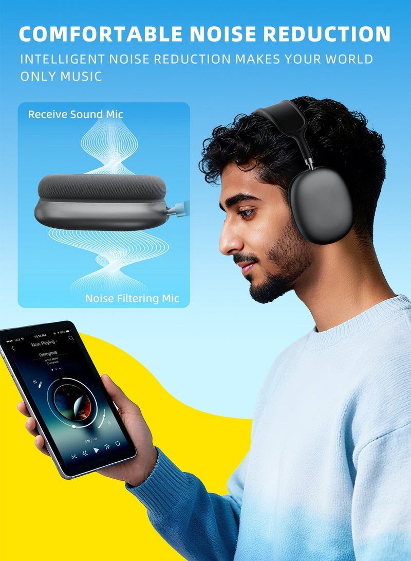 حياة الكثبان سماعة رأس لاسلكية بتقنية بلوتوث V5.4، تصميم فوق الأذن، مزودة باتصال سلكي 3.5 ملم، 4 ميكروفونات، خاصية إلغاء ضوضاء المكالمات، شريط رأس قابل للتعديل، صوت جهير عالي الدقة، خاصية الكشف عن الارتداء، مع حافظة جلدية واقية، لون أسود. - Image 5