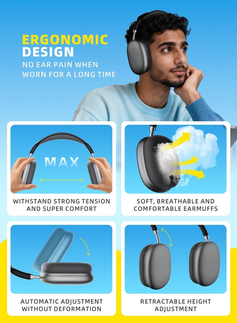 حياة الكثبان سماعة رأس لاسلكية بتقنية بلوتوث V5.4، تصميم فوق الأذن، مزودة باتصال سلكي 3.5 ملم، 4 ميكروفونات، خاصية إلغاء ضوضاء المكالمات، شريط رأس قابل للتعديل، صوت جهير عالي الدقة، خاصية الكشف عن الارتداء، مع حافظة جلدية واقية، لون أسود. - Image 4