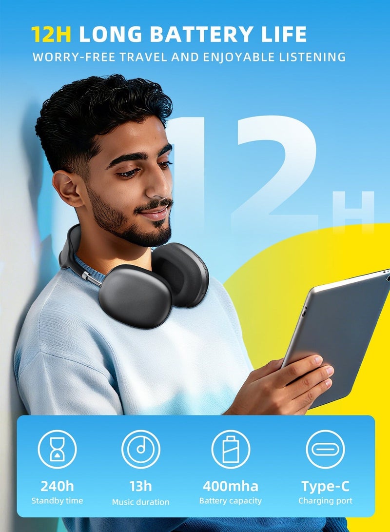 حياة الكثبان سماعة رأس لاسلكية بتقنية بلوتوث V5.4، تصميم فوق الأذن، مزودة باتصال سلكي 3.5 ملم، 4 ميكروفونات، خاصية إلغاء ضوضاء المكالمات، شريط رأس قابل للتعديل، صوت جهير عالي الدقة، خاصية الكشف عن الارتداء، مع حافظة جلدية واقية، لون أسود. - Image 2