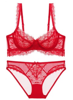 Comfy Solid Color Ultra Thin Cup Lace Bra And Panty Set Red