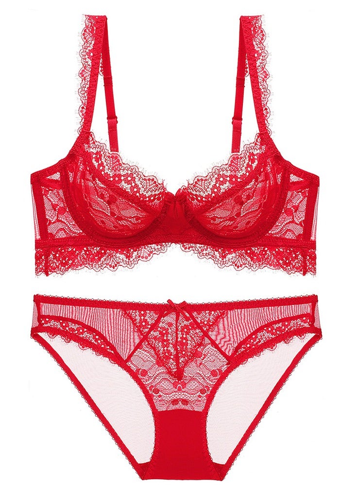 Loquat - Comfy Solid Color Ultra Thin Cup Lace Bra And Panty Set Red - Image 1