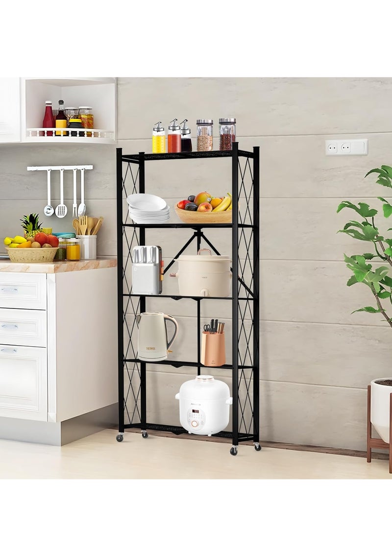 رف تخزين مطبخ حديدي بخمسة أرفف، أرفف تخزين قابلة للطي مع عجلات، وحدة رفوف كبيرة السعة، رف سلكي معدني قائم بذاته، رف منظم بدون تجميع للمطبخ والمرآب والطابق السفلي والمخزن (أسود) - Image 5