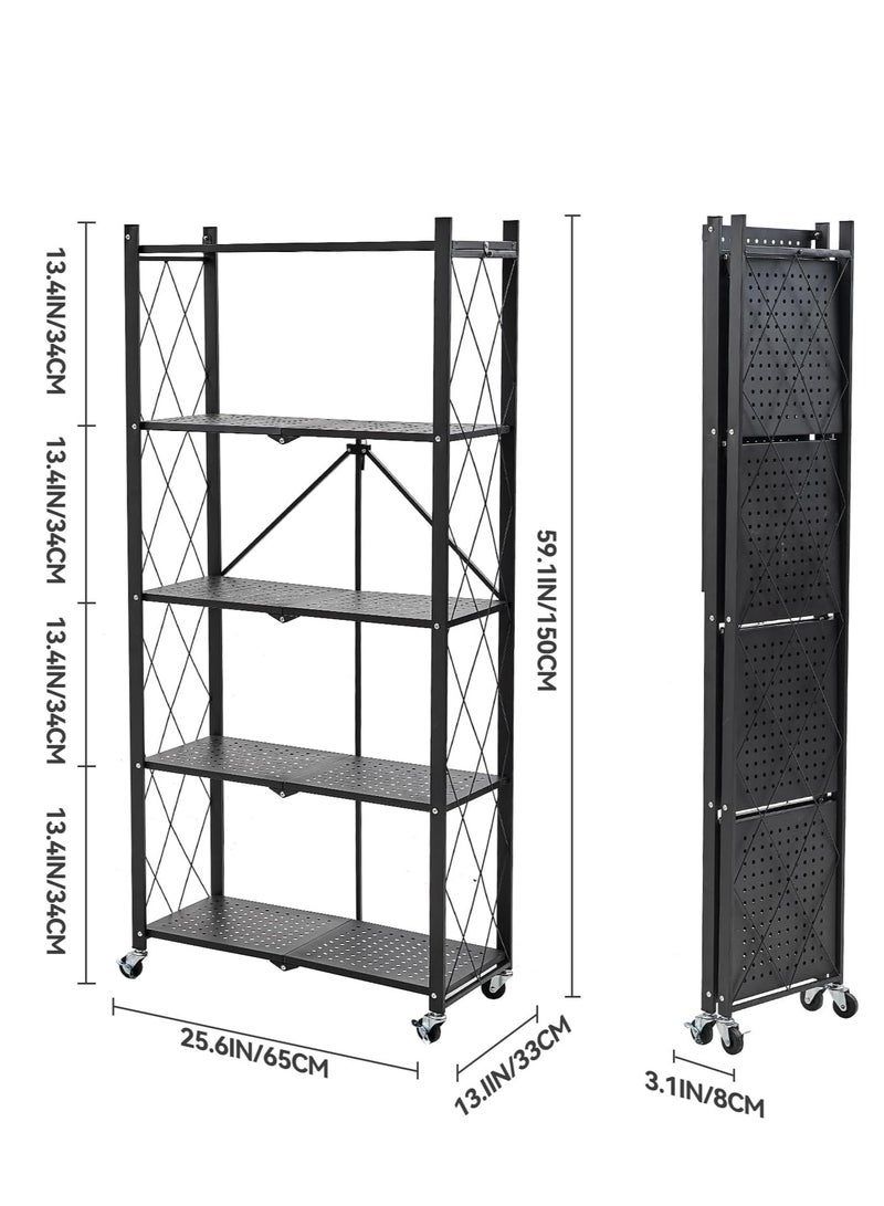 رف تخزين مطبخ حديدي بخمسة أرفف، أرفف تخزين قابلة للطي مع عجلات، وحدة رفوف كبيرة السعة، رف سلكي معدني قائم بذاته، رف منظم بدون تجميع للمطبخ والمرآب والطابق السفلي والمخزن (أسود) - Image 4