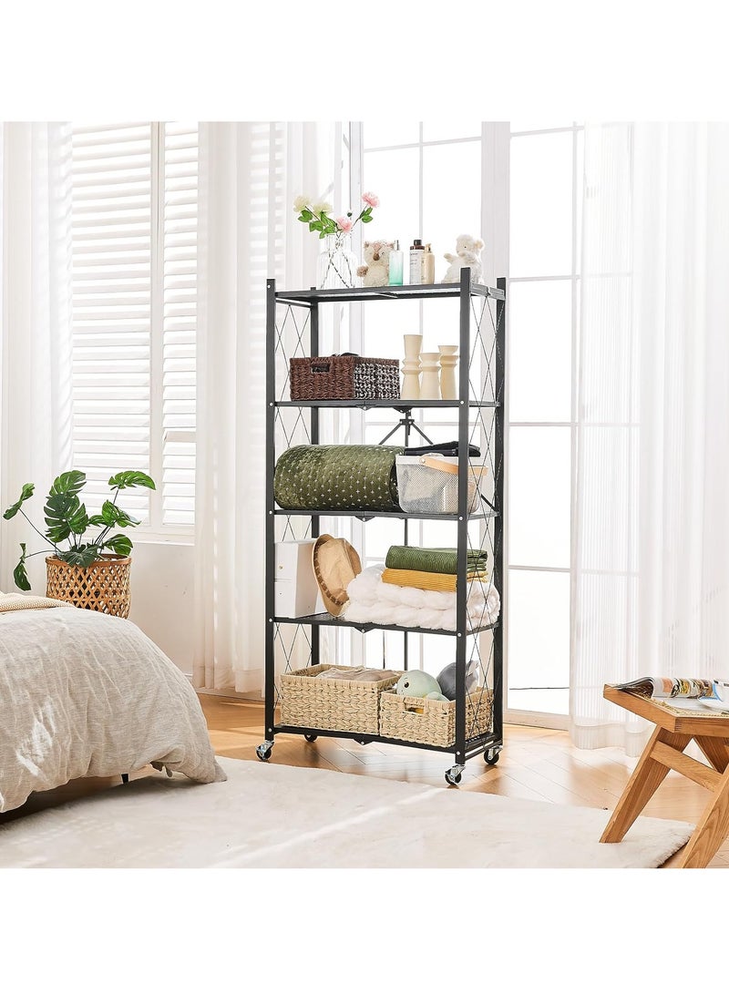 رف تخزين مطبخ حديدي بخمسة أرفف، أرفف تخزين قابلة للطي مع عجلات، وحدة رفوف كبيرة السعة، رف سلكي معدني قائم بذاته، رف منظم بدون تجميع للمطبخ والمرآب والطابق السفلي والمخزن (أسود) - Image 3