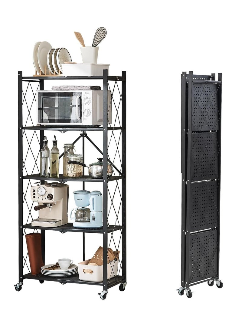 رف تخزين مطبخ حديدي بخمسة أرفف، أرفف تخزين قابلة للطي مع عجلات، وحدة رفوف كبيرة السعة، رف سلكي معدني قائم بذاته، رف منظم بدون تجميع للمطبخ والمرآب والطابق السفلي والمخزن (أسود) - Image 1