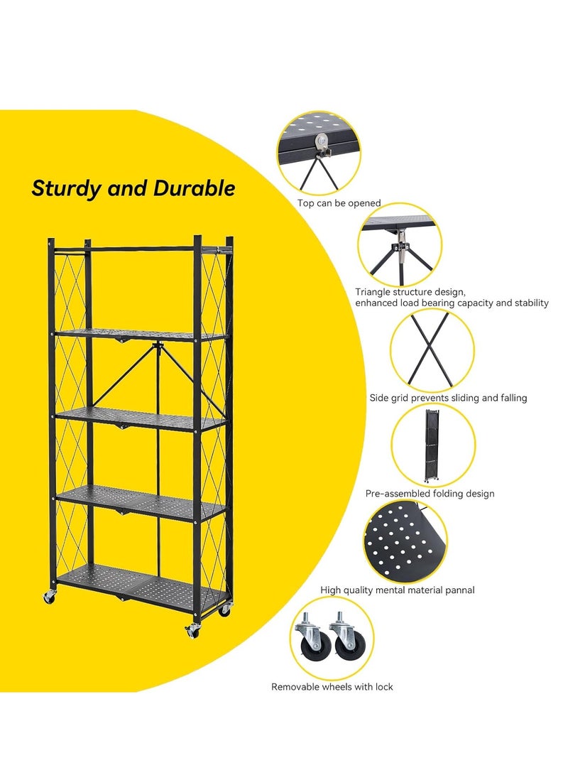 رف تخزين مطبخ حديدي بخمسة أرفف، أرفف تخزين قابلة للطي مع عجلات، وحدة رفوف كبيرة السعة، رف سلكي معدني قائم بذاته، رف منظم بدون تجميع للمطبخ والمرآب والطابق السفلي والمخزن (أسود) - Image 2