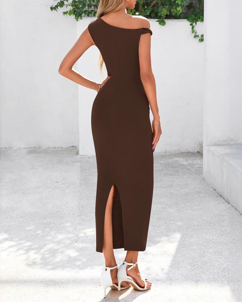 BTFBM Women Formal Cocktail Dresses Summer 2026 One Shoulder Twist Strap Ruched Bodycon Elegant Wedding Party Maxi Dress(Coffee, Large) - Image 3