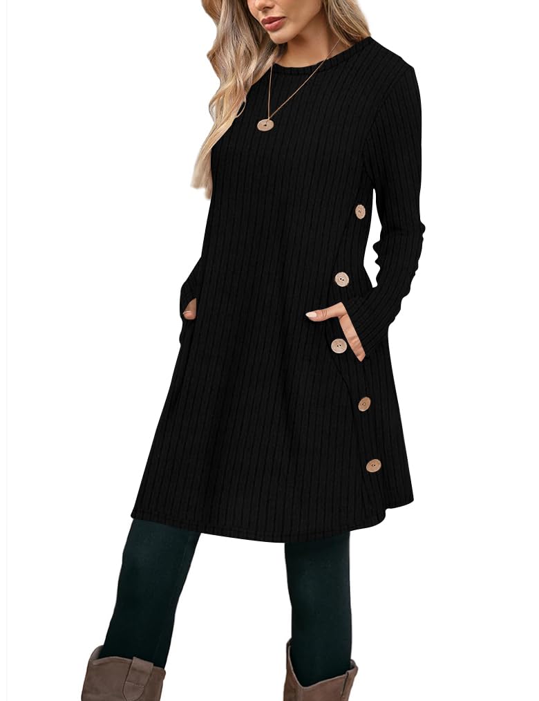 Poetsky Fall Spring Tunic or Tops for Women Loose Fit Casual Dressy with Pockets 2026 Trendy O Neck Long Sleeve Knit Dress Buttons Side Black M - Image 1