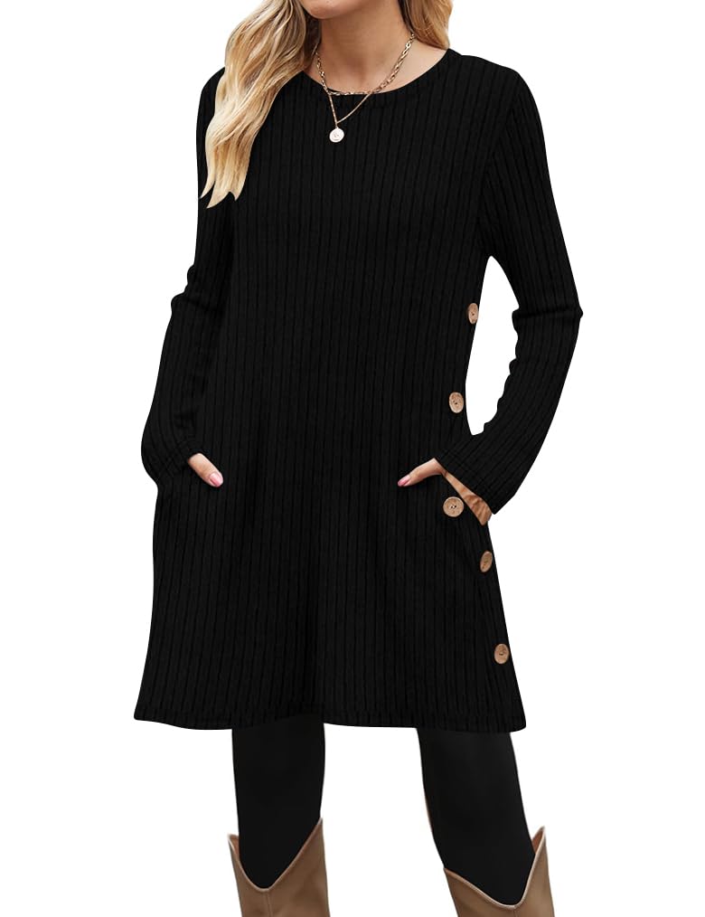 Poetsky Fall Spring Tunic or Tops for Women Loose Fit Casual Dressy with Pockets 2026 Trendy O Neck Long Sleeve Knit Dress Buttons Side Black M - Image 4