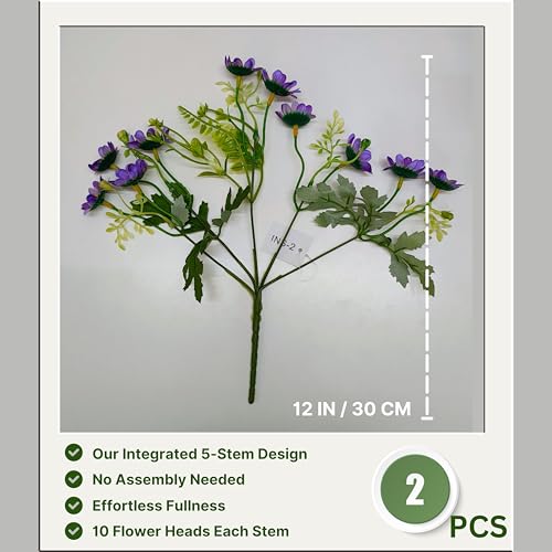 CURATED CART Artificial Daisy Flowers - Pack of 2 Faux Daisy Bouquets, 30 cm Tall with 10 Flower Heads per Stem - UV Resistant Plastic Plants for Indoor & Outdoor Use - Home, Garden (Purple) (No Vase) - Image 2