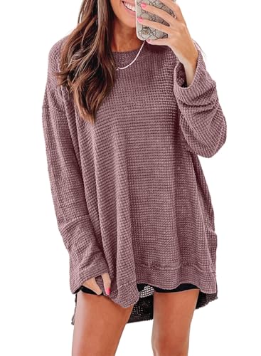 Shein SHEWIN Fall Tops for Women 2025 Crewneck Oversized Sweatshirt Lightweight Waffle Knit Tunic Tops Casual Long Sleeve Shirts for Women,(US 8-10) M,Chicory Coffee - Image 1