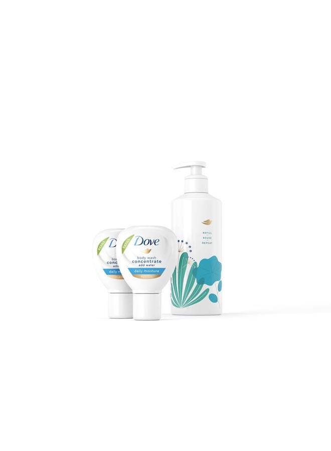 Dove عبوات تركيز (x2) وزجاجة قابلة لإعادة الاستخدام مصنوعة من 100% مواد معاد تدويرها لمجموعة بدء الترطيب اليومي لبشرة ناعمة على الفور للعناية بالجسم 4 أونصة سائلة (تصنع 16 أونصة سائلة) - Image 1