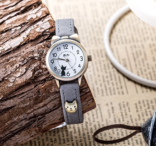 DREAMING Q&P Fq-234 Soft Leather Strap Bowknot Cute Kitty Girl's Women's Students Quartz Wrist Watches Grey - Image 5