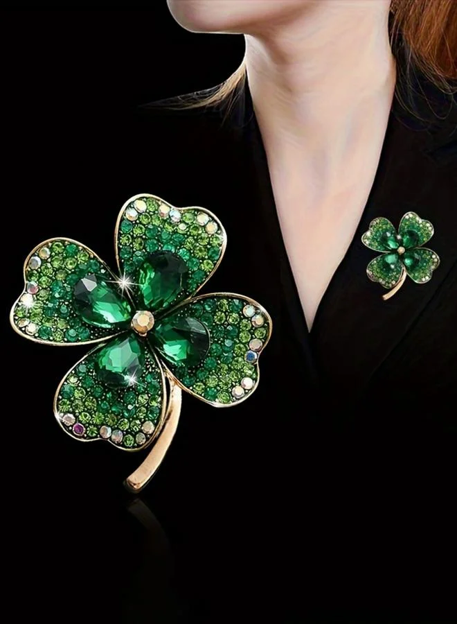 تايك تو دبوس بروش كريستالي أخضر زمردي على شكل نبتة البرسيم