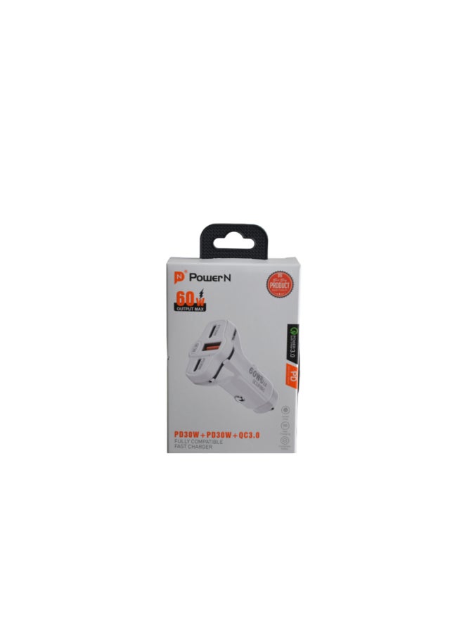 PowerN 2PD + QC 60W High- Speed Charging Car Charger - White