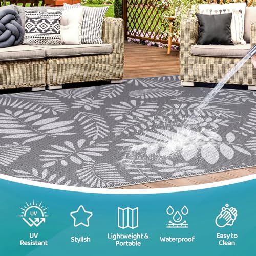 StepRite Outdoor Rug, Patio Rug, Plastic Straw Camping Rugs, Large Waterproof Area Rug and Mat for Outdoors, RV, Patio, Backyard, Deck, Porch, Beach, Balcony, (5'x 8', White&Gray) - Image 3