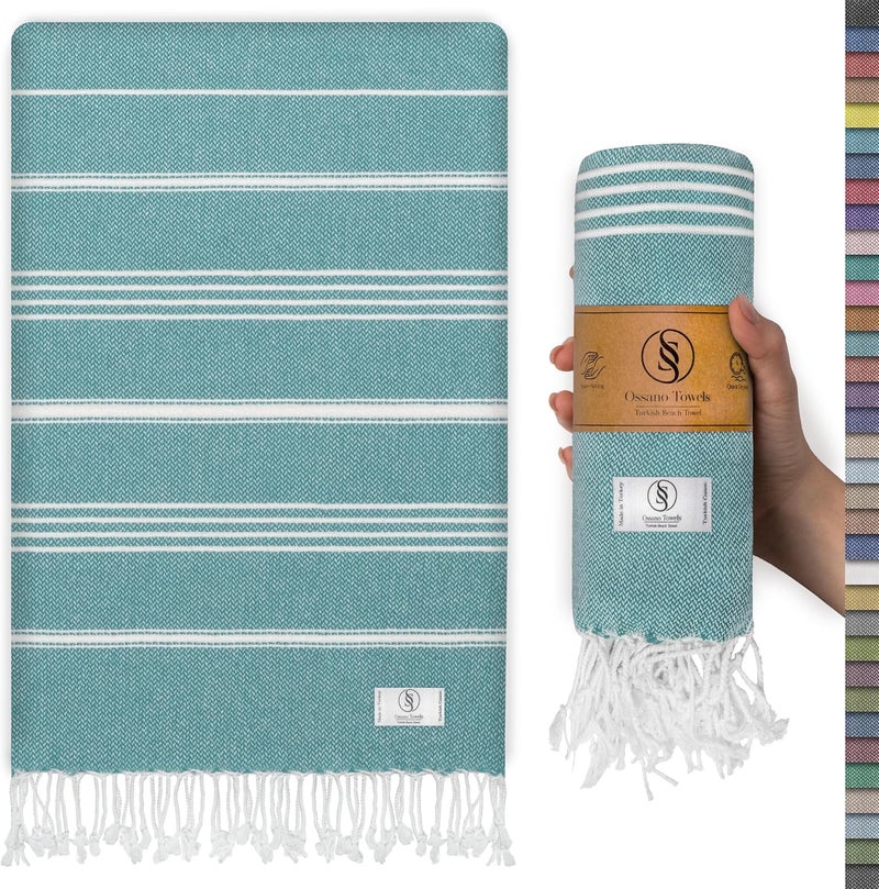 Ossano Turkish Beach Towel Striped & Compact Oversized (39" x 71") - Quick Dry, Versatile and Functional as Picnic and Travel Blanket, Bath, Gym and Pool Towel, Yoga Mat - Oil Blue - Image 1