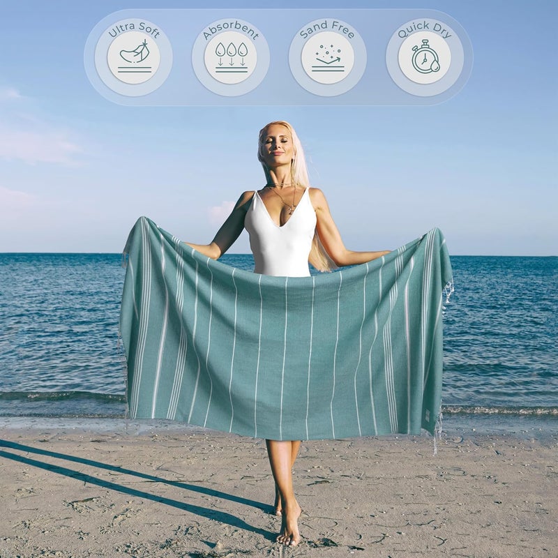 Ossano Turkish Beach Towel Striped & Compact Oversized (39" x 71") - Quick Dry, Versatile and Functional as Picnic and Travel Blanket, Bath, Gym and Pool Towel, Yoga Mat - Oil Blue - Image 2
