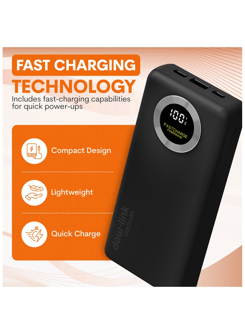 دولنك باور بانك داو-لينك 10000 مللي أمبير – شحن سريع 22.5 واط، كابلات USB-C وLightning مدمجة، منفذ A ومنفذ USB-C للإدخال والإخراج، شاشة عرض رقمية، يدعم PD وQC 3.0، شاحن محمول نحيف لأجهزة الآيفون والأندرويد - Image 2