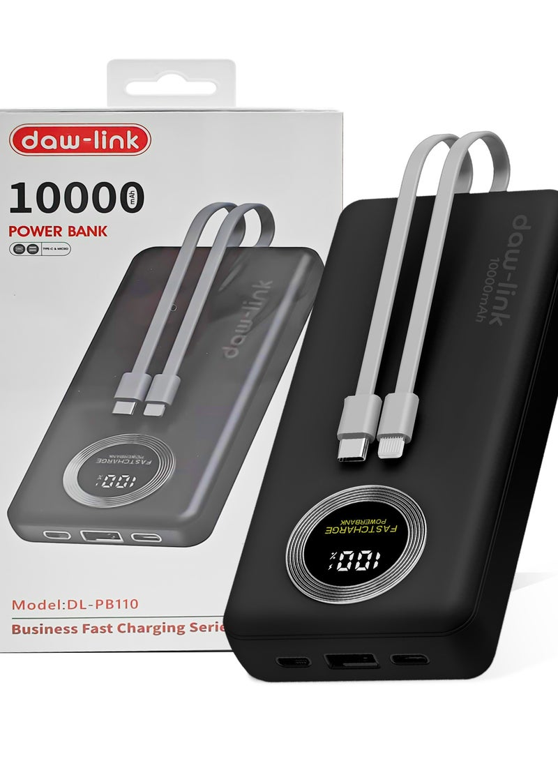 دولنك باور بانك داو-لينك 10000 مللي أمبير – شحن سريع 22.5 واط، كابلات USB-C وLightning مدمجة، منفذ A ومنفذ USB-C للإدخال والإخراج، شاشة عرض رقمية، يدعم PD وQC 3.0، شاحن محمول نحيف لأجهزة الآيفون والأندرويد - Image 1