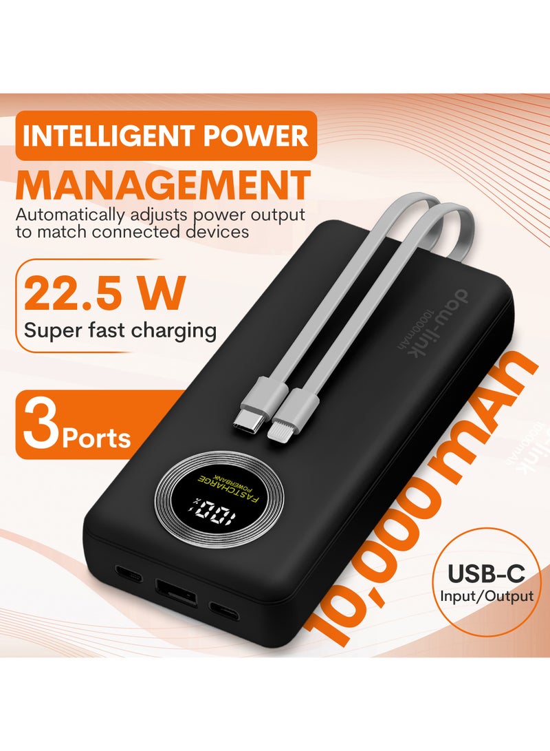 دولنك باور بانك داو-لينك 10000 مللي أمبير – شحن سريع 22.5 واط، كابلات USB-C وLightning مدمجة، منفذ A ومنفذ USB-C للإدخال والإخراج، شاشة عرض رقمية، يدعم PD وQC 3.0، شاحن محمول نحيف لأجهزة الآيفون والأندرويد - Image 3