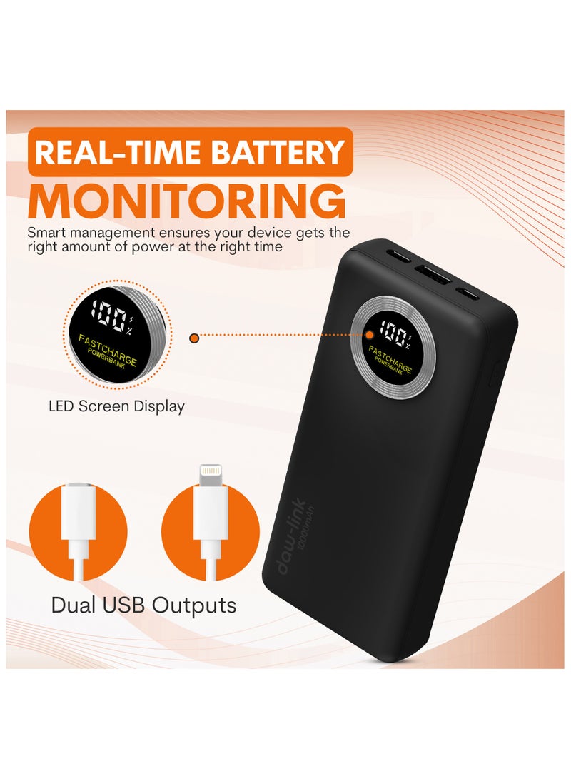 دولنك باور بانك داو-لينك 10000 مللي أمبير – شحن سريع 22.5 واط، كابلات USB-C وLightning مدمجة، منفذ A ومنفذ USB-C للإدخال والإخراج، شاشة عرض رقمية، يدعم PD وQC 3.0، شاحن محمول نحيف لأجهزة الآيفون والأندرويد - Image 5
