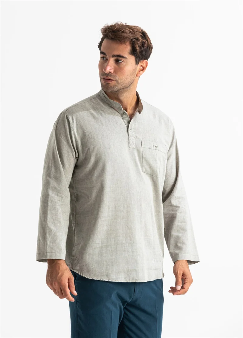 اليش شيل بيزي Uzun Kol Şile Bezi Tek Cepli Hakim Yaka Erkek Tshirt Taş 3031