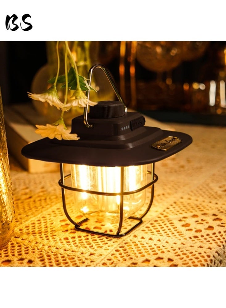 Black LED metal portable camping lantern | Metal handle and lampshade | Rotary dimming | Two lighting modes | Type-C fast charging | Safe and waterproof | Ideal for camping, hiking, boating, and other outdoor activities.