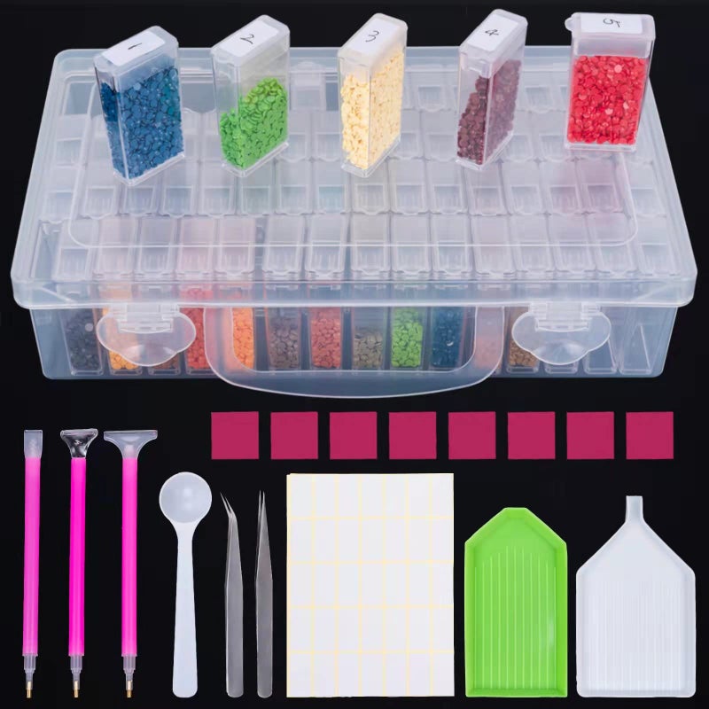 DONQL 64 Grids Diamond Painting Storage BoxesDiamond Art Storage Box Diamond Paintings Accessories with 48Pcs Diamond Painting Clay 3 Drill Pens 2 Trays 1 Spoons and Labels 8 pcs clay