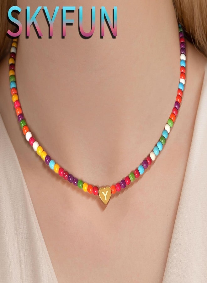SKYFUN Colorful Beaded Initial Necklaces for Women Cute Gold Heart Necklace with Letter Bohemian Summer Jewelry Alphabet A-Z Choker Graduation Birthday Christmas Gift, E - Image 5