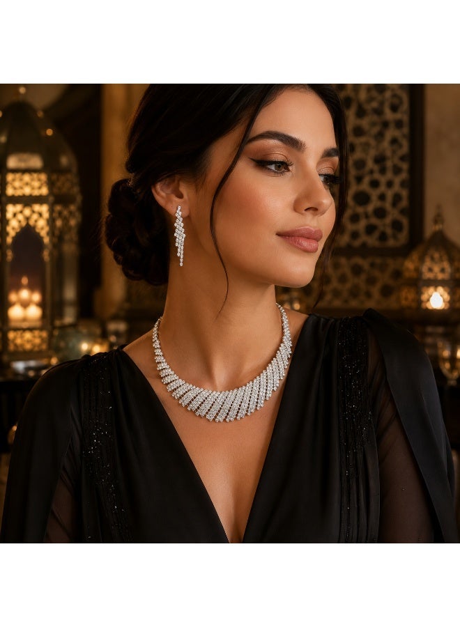 يوكانبي طقم عقد وأقراط كريستال بتصميم عصري جريء | قلادة سهرة بأسلوب سلسلة الترقوة - Image 1