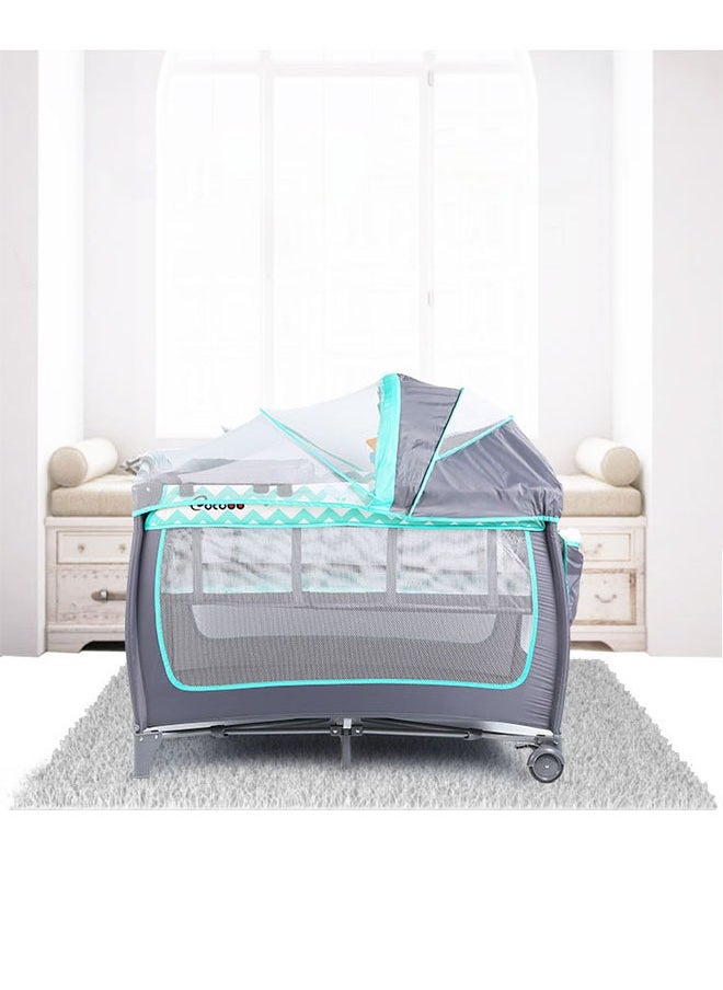 YelaJoy - Multifunctional Foldable Cot With Mosquito Net,Toys and Nappy Table Crib for Bedroom (Green/Grey) - Image 1