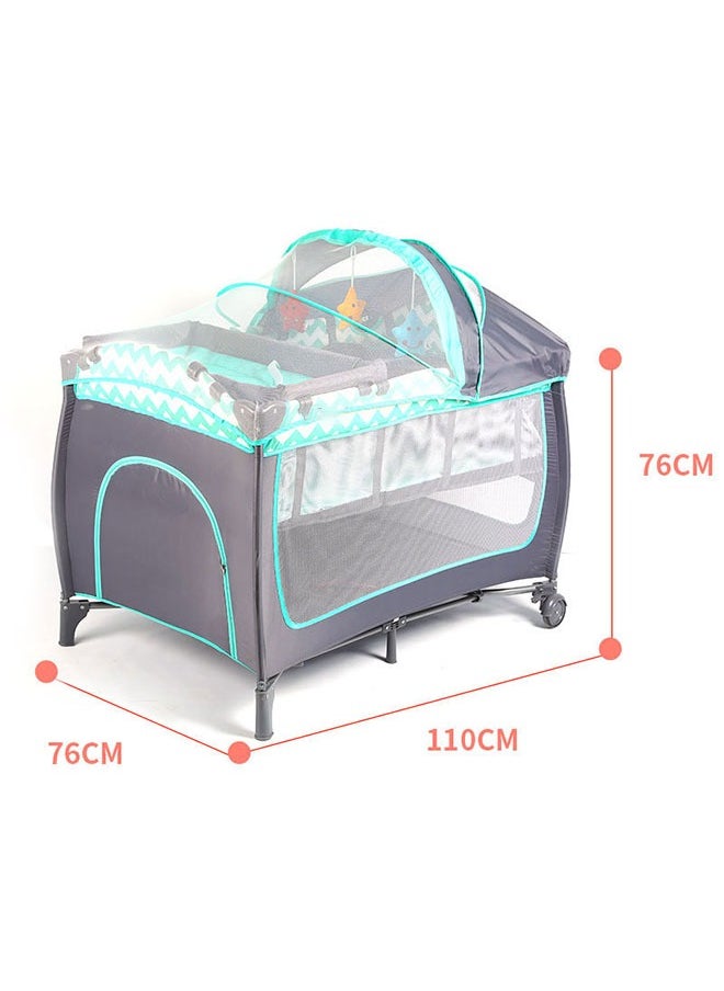 YelaJoy - Multifunctional Foldable Cot With Mosquito Net,Toys and Nappy Table Crib for Bedroom (Green/Grey) - Image 1