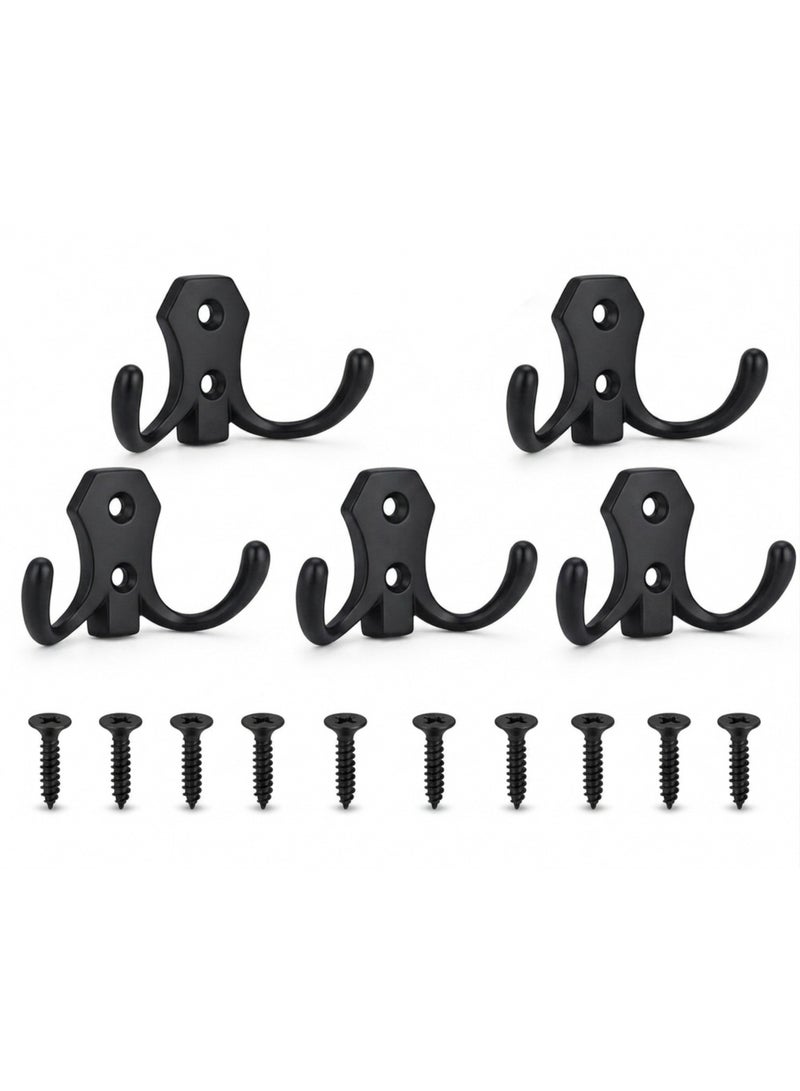 5-Pack Double Metal Wall Hooks with Mounting Screws, Heavy-Duty Coat Hooks for Clothes, Coats & Bags, Stylish Black Wall-Mounted Hook Rack for Home & Office - Image 1