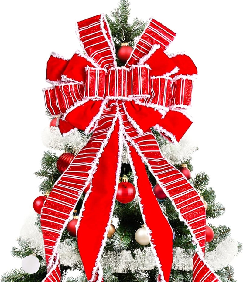 Sailup Christmas Tree Topper Christmas Wreath Bow, 52 * 13 inches Large Tree Toppers Bows with White Polyester Edge Gift Bow for Xmas Ornament Holiday Home Wedding Thanksgiving Indoor/Outdoor Decor - Image 1