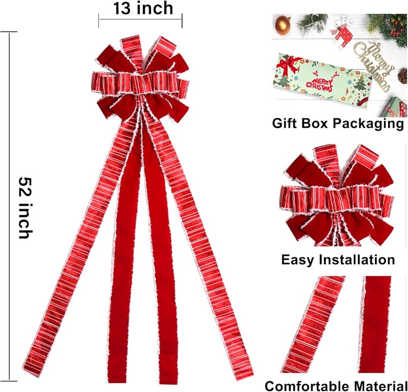 Sailup Christmas Tree Topper Christmas Wreath Bow, 52 * 13 inches Large Tree Toppers Bows with White Polyester Edge Gift Bow for Xmas Ornament Holiday Home Wedding Thanksgiving Indoor/Outdoor Decor - Image 2