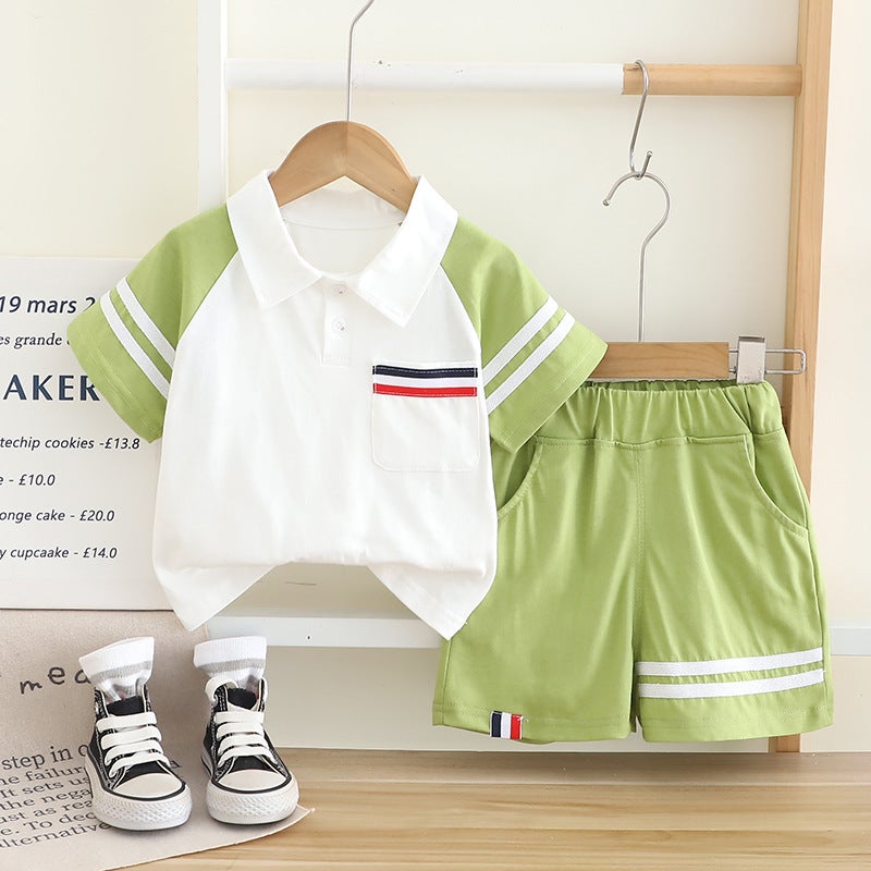 Boys Summer Clothes suit 2025 New Boys Baby Summer Boys Summer Clothes Lel Horizontal Short-sleeved Two-piece Set Green