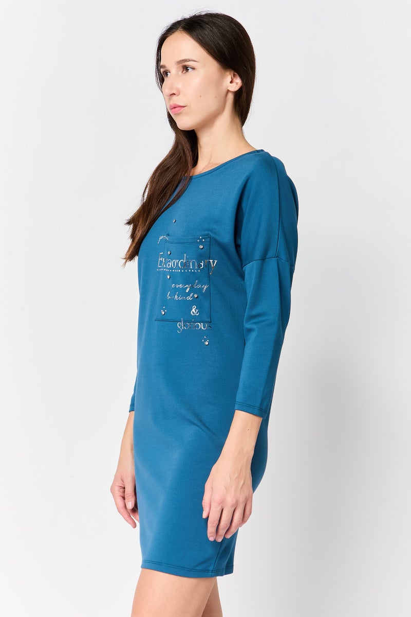 Mohito Women Textured Mini Dress, Teal Blue - Image 2