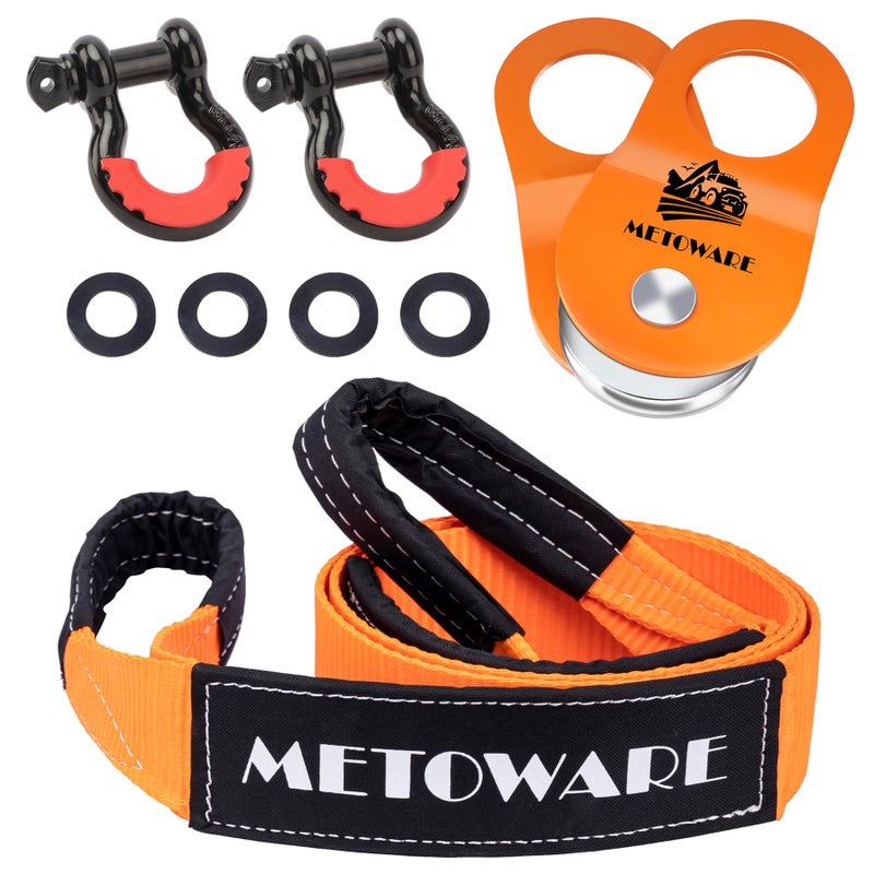 METOWARE Offroad Recovery Kit 10 Ton Heavy Duty Winch Snatch Block Pulley 3 x8 Tree Saver Strap and 2pk 34 D Ring Shackles
