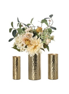 MyGift Tall Modern Brass Tone Hammered Metal Cylinder Flower Vases Decorative Centerpiece Vases Set Of 3 (Large Medium Small Sizes)  - Image 3