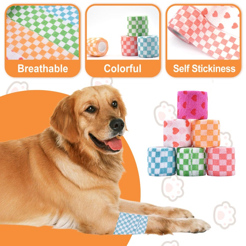 Kreyfer 6 Roll 2 Inch x 5 Yards Checkered and Heart Print Pet Vet Wrap for Dogs Cats, Cohesive Bandages in Bulk, Non-Woven Self Adhesive Bandages Wrap Roll for Animals Wound Care, Ankle Sprains and Swelling - Image 3