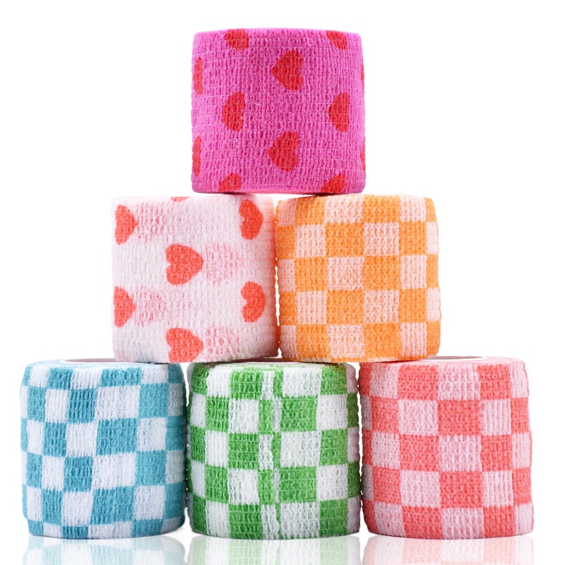 Kreyfer 6 Roll 2 Inch x 5 Yards Checkered and Heart Print Pet Vet Wrap for Dogs Cats, Cohesive Bandages in Bulk, Non-Woven Self Adhesive Bandages Wrap Roll for Animals Wound Care, Ankle Sprains and Swelling - Image 1