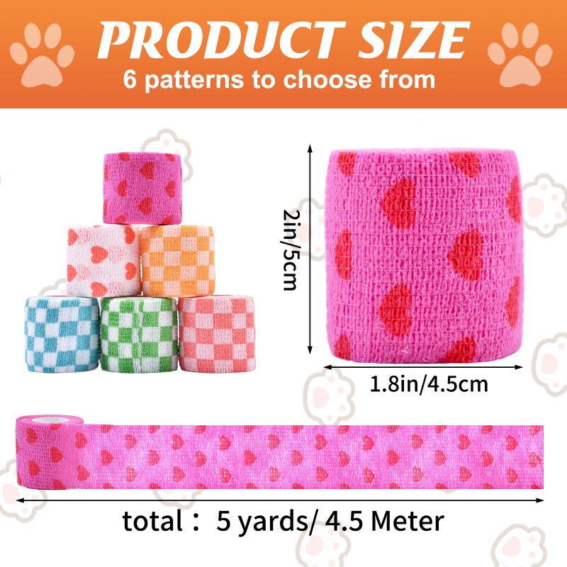 Kreyfer 6 Roll 2 Inch x 5 Yards Checkered and Heart Print Pet Vet Wrap for Dogs Cats, Cohesive Bandages in Bulk, Non-Woven Self Adhesive Bandages Wrap Roll for Animals Wound Care, Ankle Sprains and Swelling - Image 2