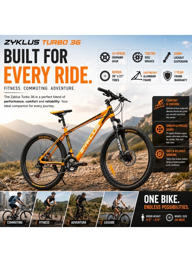 Zyklus Turbo 36 Mountain Bike 26 Inch Orange | 21-Speed Shimano Gear Bicycle with Hydraulic Lockout Suspension Fork, Aluminum Alloy Frame, Tektro Disc Brakes, Kenda Tires, Hardtail MTB for Men & Women, Fitness, Commuting & Outdoor Riding - Image 2