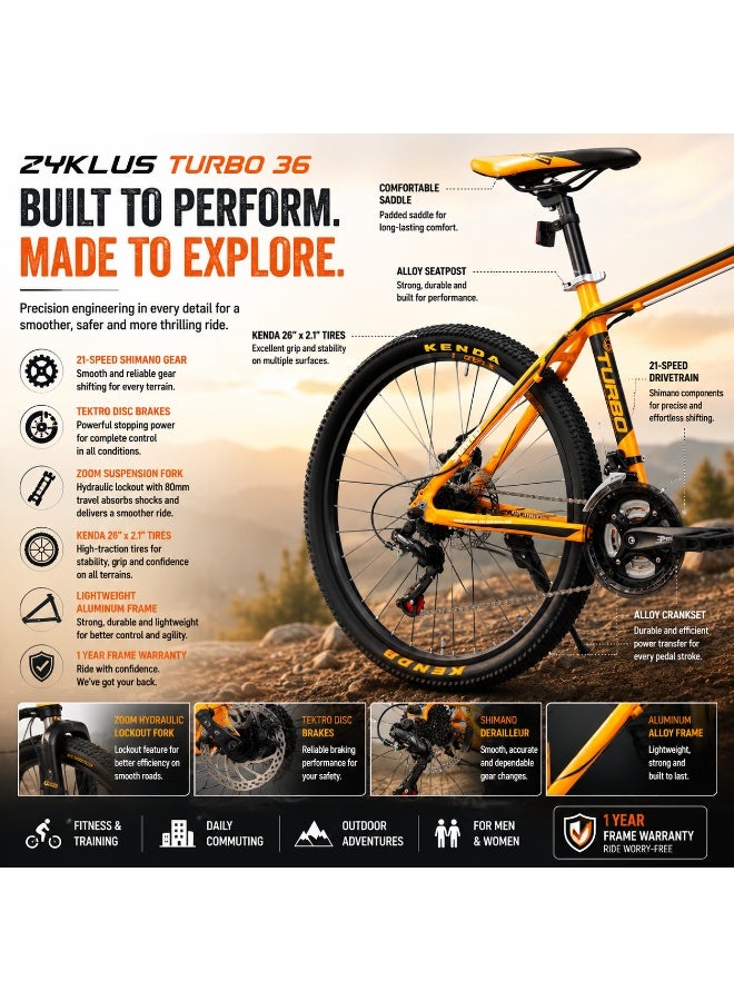 Zyklus Turbo 36 Mountain Bike 26 Inch Orange | 21-Speed Shimano Gear Bicycle with Hydraulic Lockout Suspension Fork, Aluminum Alloy Frame, Tektro Disc Brakes, Kenda Tires, Hardtail MTB for Men & Women, Fitness, Commuting & Outdoor Riding - Image 3