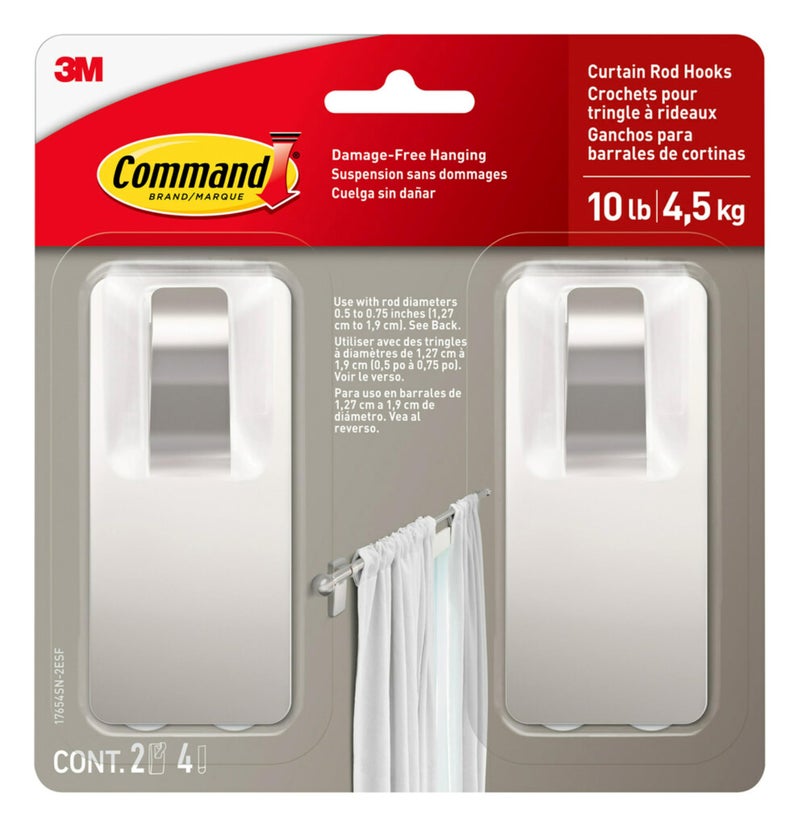 Command 10 lb Satin Nickel Curtain Rod Hooks, 2 Hooks and 4 Command Strips, No Drilling Christmas Decorations, Use with Rod Diameters 0.5-0.75" - Image 1