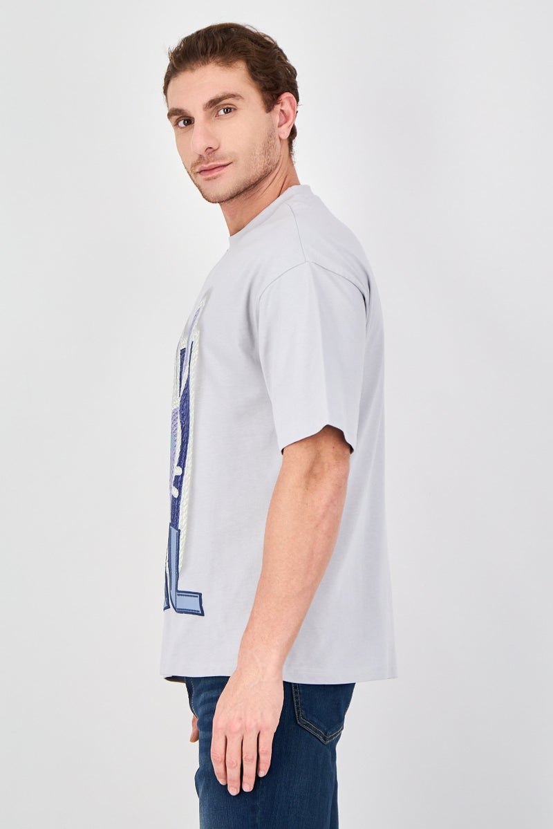 Ketch Men Crew Neck Short Sleeve Embroidered T-Shirt, Light Grey - Image 2