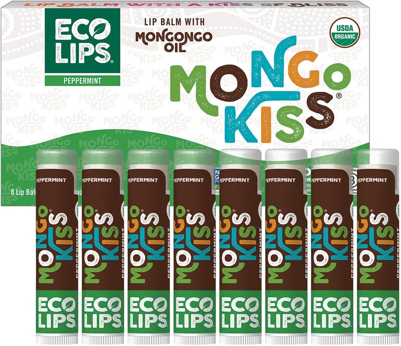 Eco Lips Mongo Kiss USDA Organic Lip Balm Set 8-pack (0.15 oz. each) with Mongongo Oil & Cocoa Butter to Moisturize Chapped Lips | Made in USA by Eco Lips - Peppermint